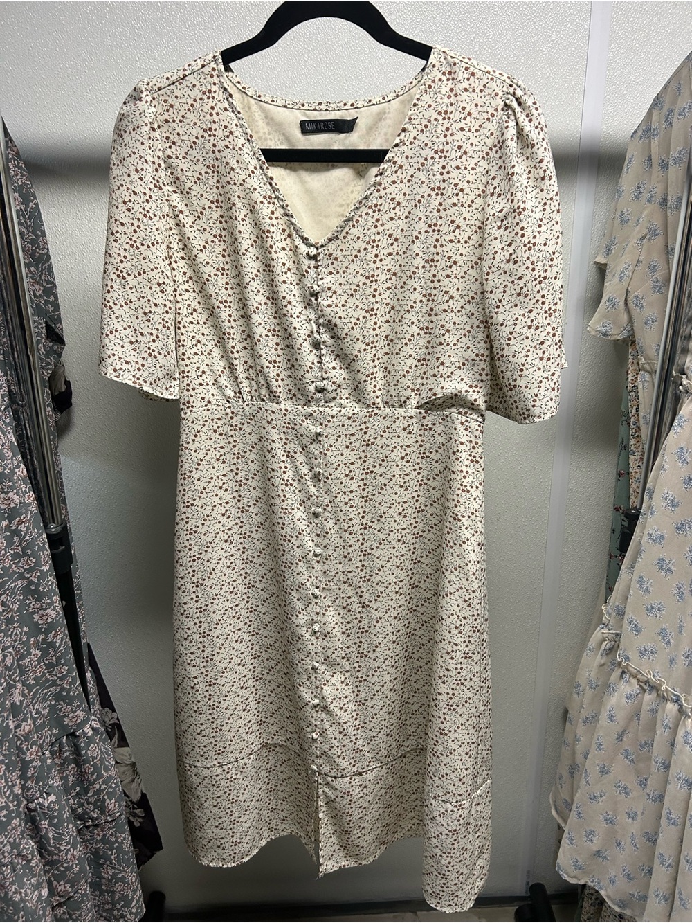 Mikarose Cream Floral Button-Front Midi Dress